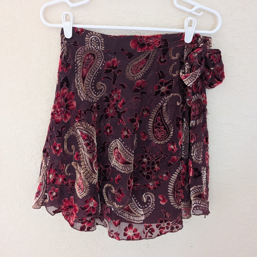 Purple Velvet Wrap Skirt Sheer Mesh Paisley Size L Holiday Party